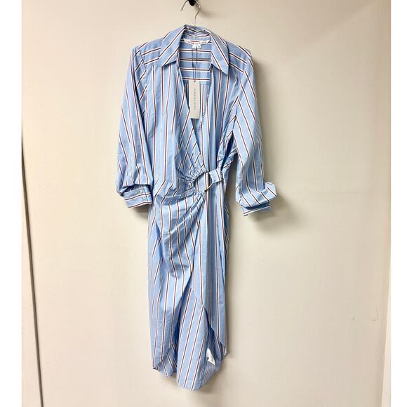 NWOT Veronica Beard Afton Striped Poplin Wrap Midi Shirt Dress Light Blue US 8 - Picture 2 of 5
